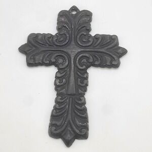 Vintage Metal Cross Pendant Scrolling Black Religious Crucifix